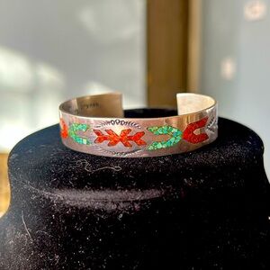 STERLING SILVER VINTAGE NAVAJO CORBET CJ TURQUOISE & CORAL INLAY CUFF BRACELET